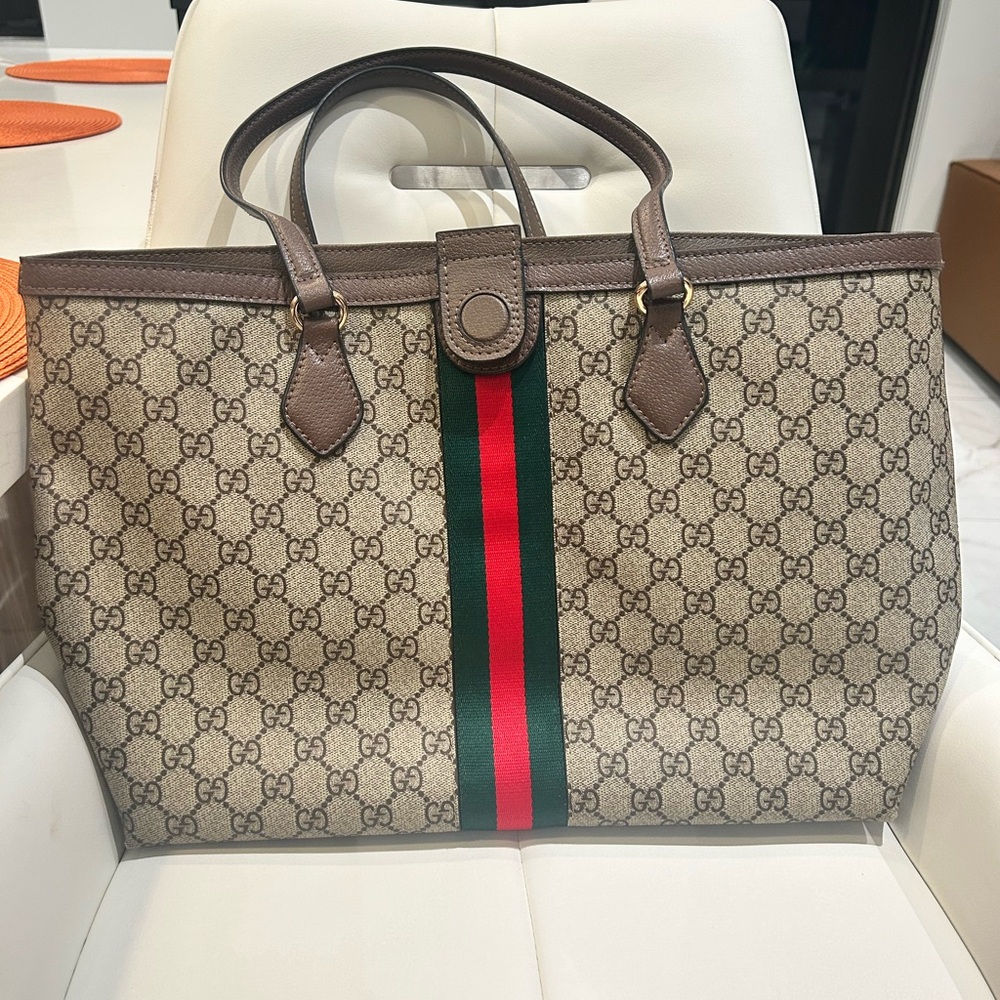 Gucci Beige and Brown Briefcase with Red and Green Stripe